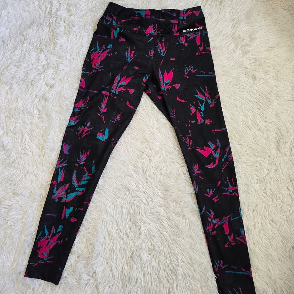 Adidas Women's Floral Pink‎ And Blue All Over Print Tech Leggings Medium